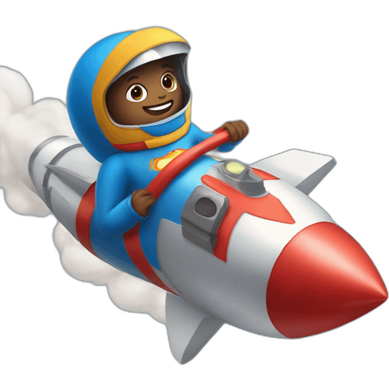 person dressed with a superhero cape but without mask is riding on a rocket emoji