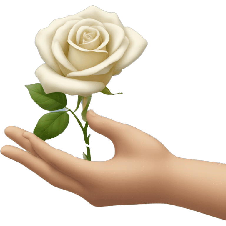 a hand coming out from the bottom of the screen, showing the back of his hand, which is holding a white rose from the stem emoji