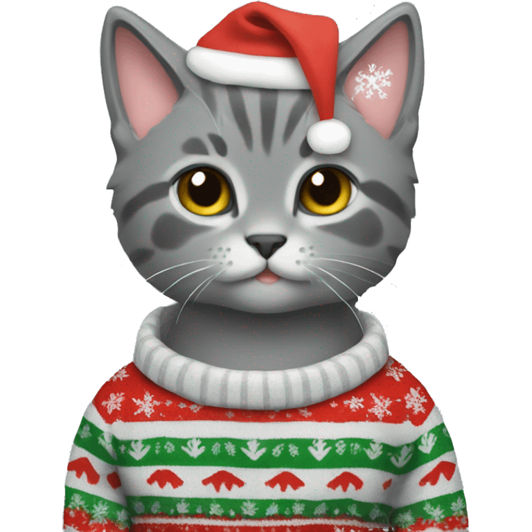 A grey kitten wearing a Christmas sweater emoji