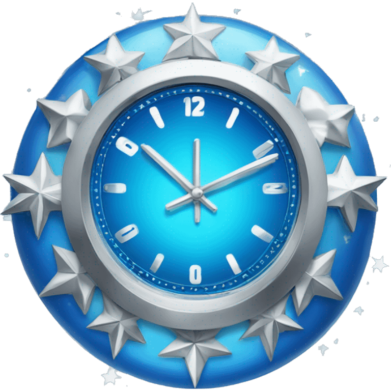 a sparkly blue clock with silver stars on it emoji