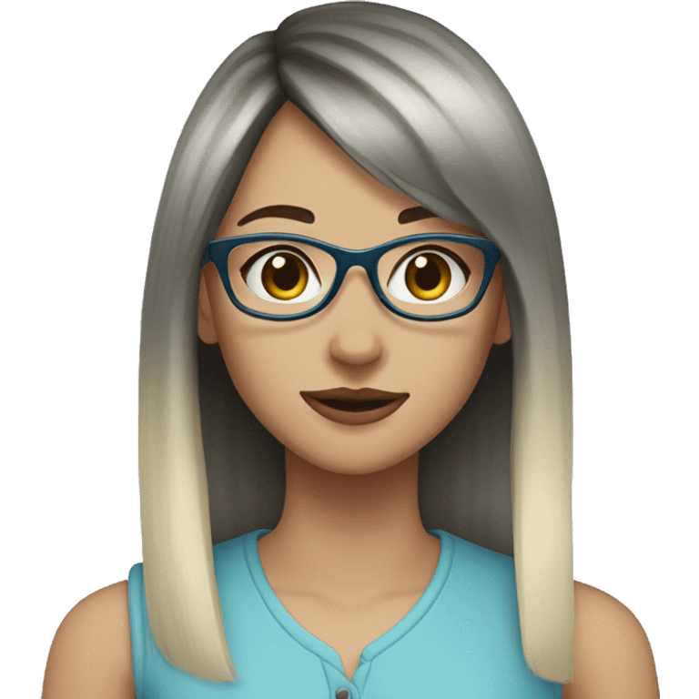 young woman, pale skin, long length dark brown wolfcut hair, glasses, blonde bangs NO GLASSES, darker shade of hair  blue hair  emoji