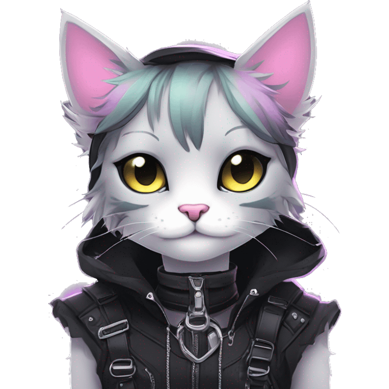 Gorgeous edgy epic punk magical gradient gothic dark techwear anime style anthro cat with blushing face aesthetic and pretty edgy black with collar and harness trending style emoji