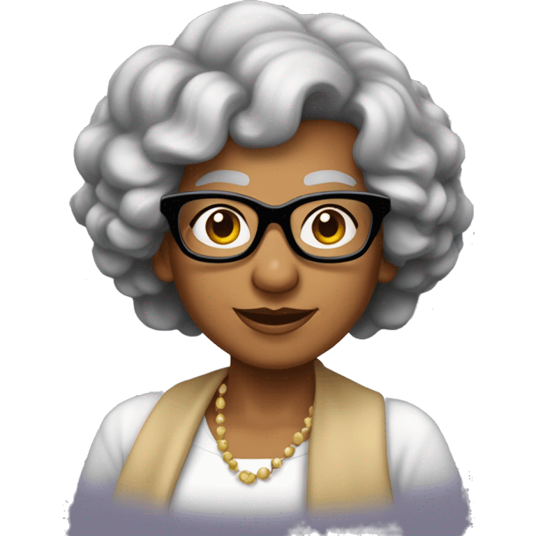 Abuela joven con pelo largo color negro con ondas y lentes rectangulares y que vista ropa elegante emoji