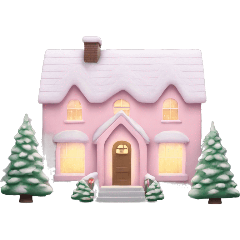 Pastel pink Christmas house with Christmas lights and evergreen trees emoji