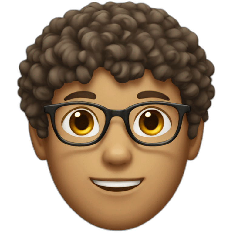 head of a boy with brown curly short hair and white glasses with a dark cat emoji