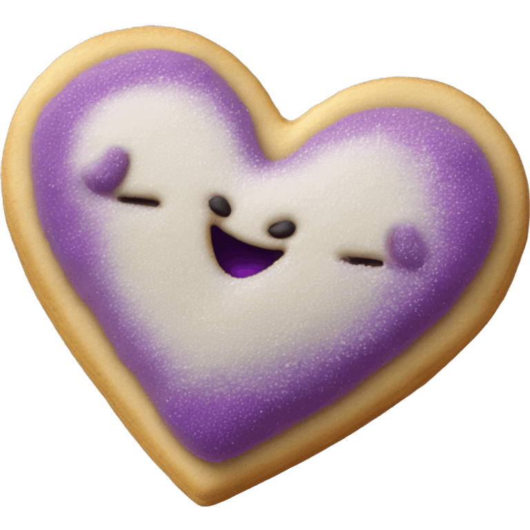 Realistic shortbread cookie in the shape of a heart with purple jelly middle filling and sprinkled powder sugar on top. emoji