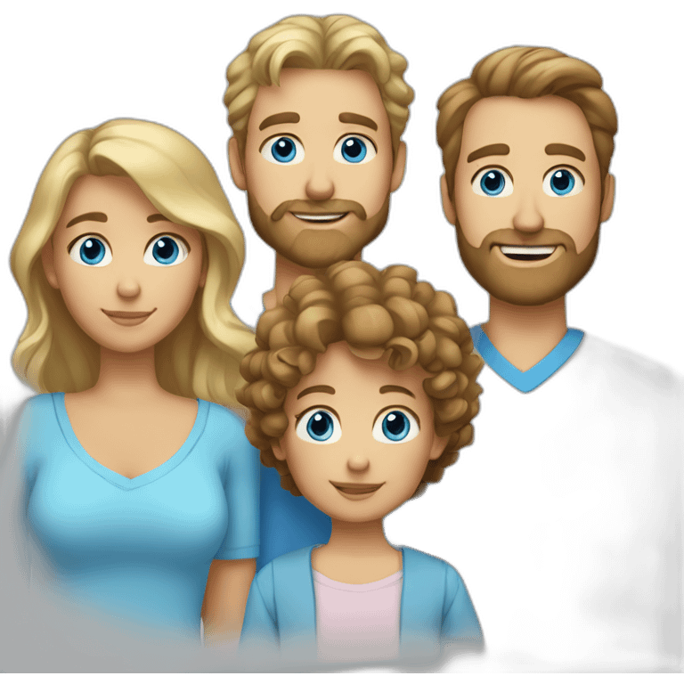 a family with a mother blond-curly hair, dad brown hair-beard, son brown hair-blue eyes, daughter blond long hair-blue eyes emoji