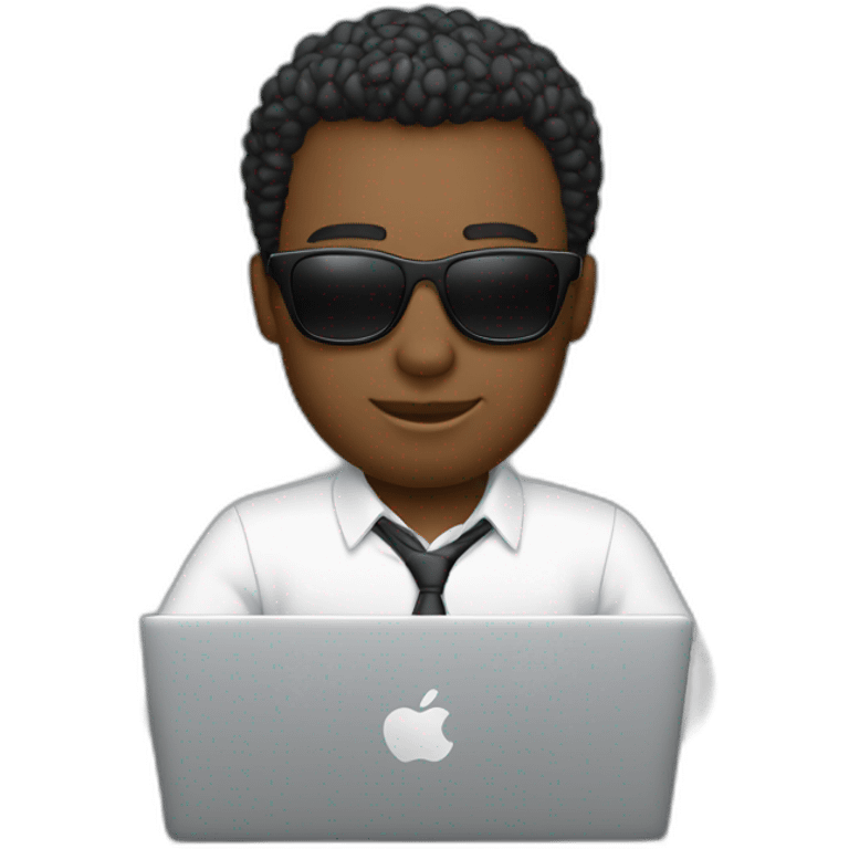 a white man with sunglasses typing in macbook pro 14 inch emoji