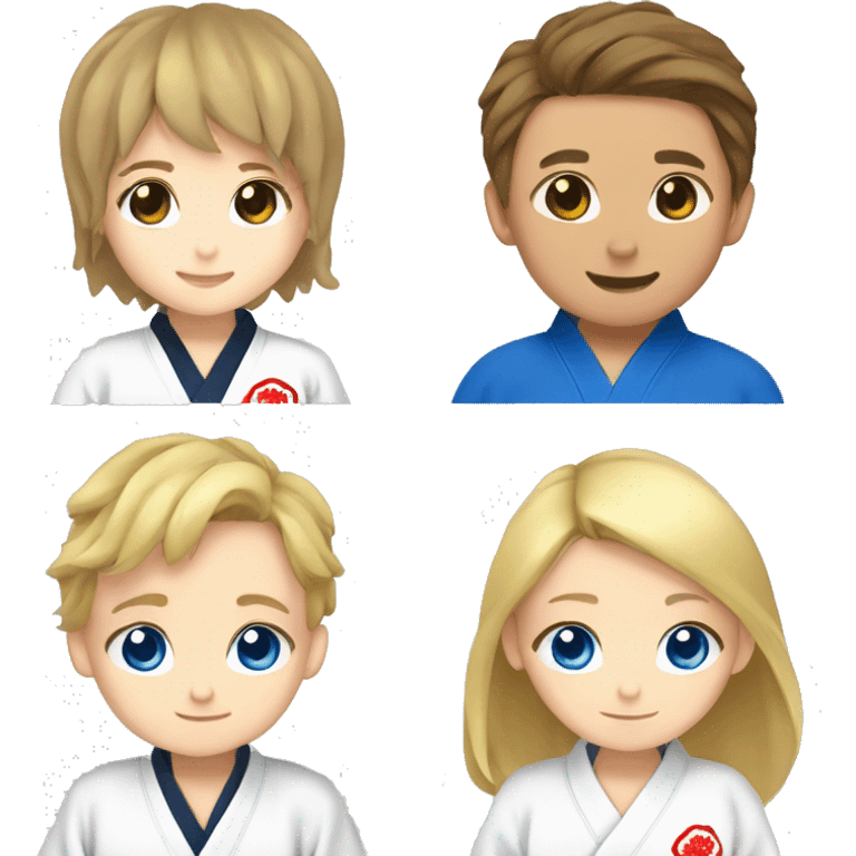 boy with brown hair and eyes and girl with blonde hair and blue eyes in kimono judo emoji