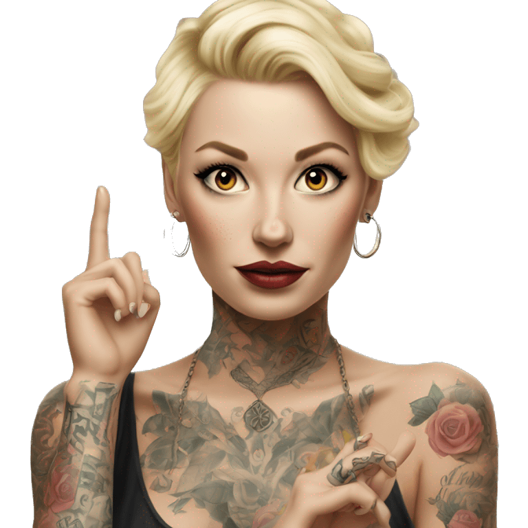 Blonde elegant women, her Body Covered with Tattoos, POINTING YOU with her HAND , Hyper realistic emoji