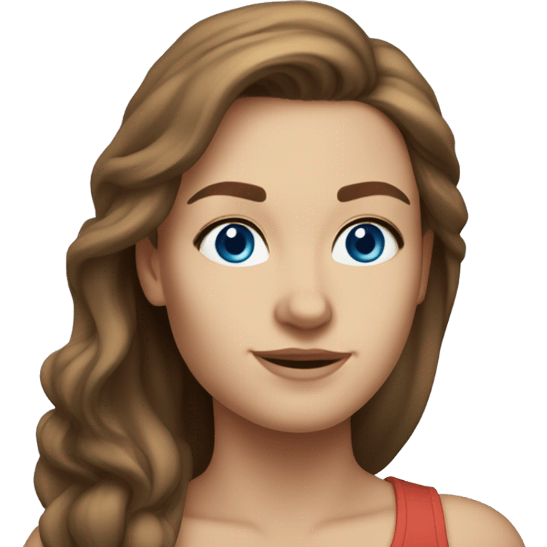 A head and shoulders shot of a 32 year old Caucasian woman, with long brown hair,   with blue eyes wearing a t-shirt. emoji