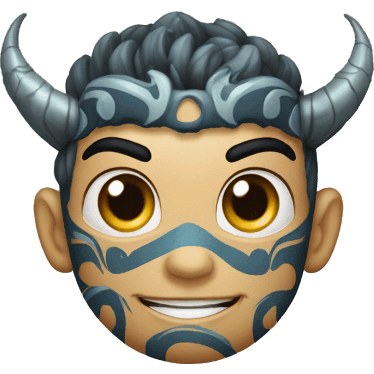 Crie um emoji de um cara de 31 anos, com uma tatuagem de dragão no peito e outra tribal no braço, vista dele de terno emoji