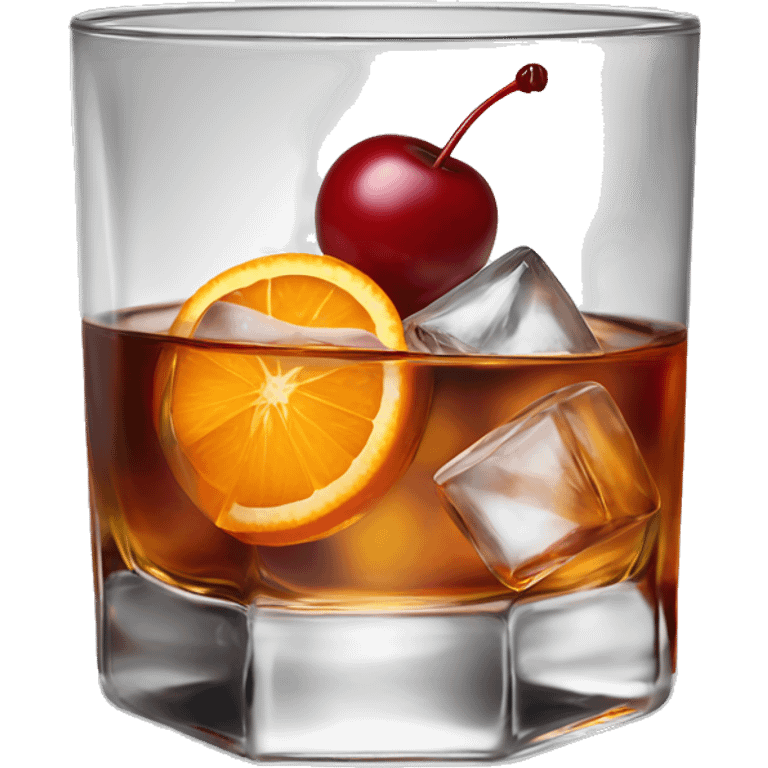 Short whiskey old fashioned with a single large ice cube, a cherry, and an orange slice emoji