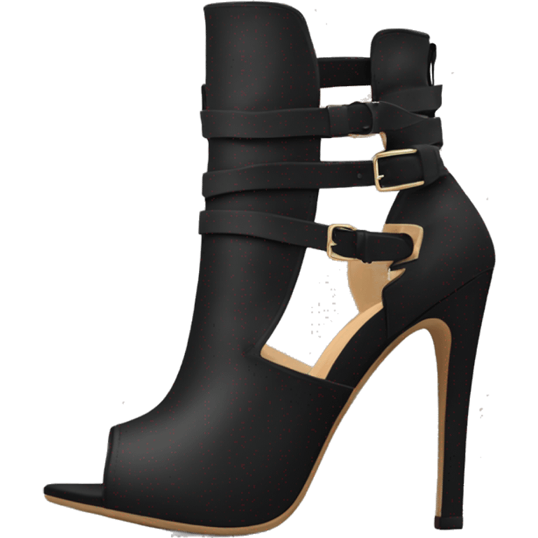 Realistic front facing pair of black peep toe strap cut out high heel bootie boots.  emoji