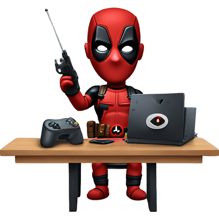 Cute Deadpool holding controller sitting at a desk, front view emoji