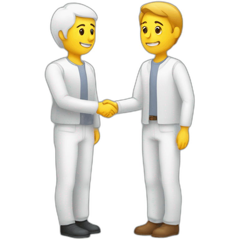 a seller and customer making a hand shake and give a product two white people  emoji