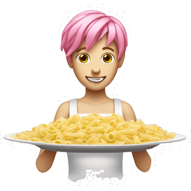 white person with pink hair with a plate of pasta emoji