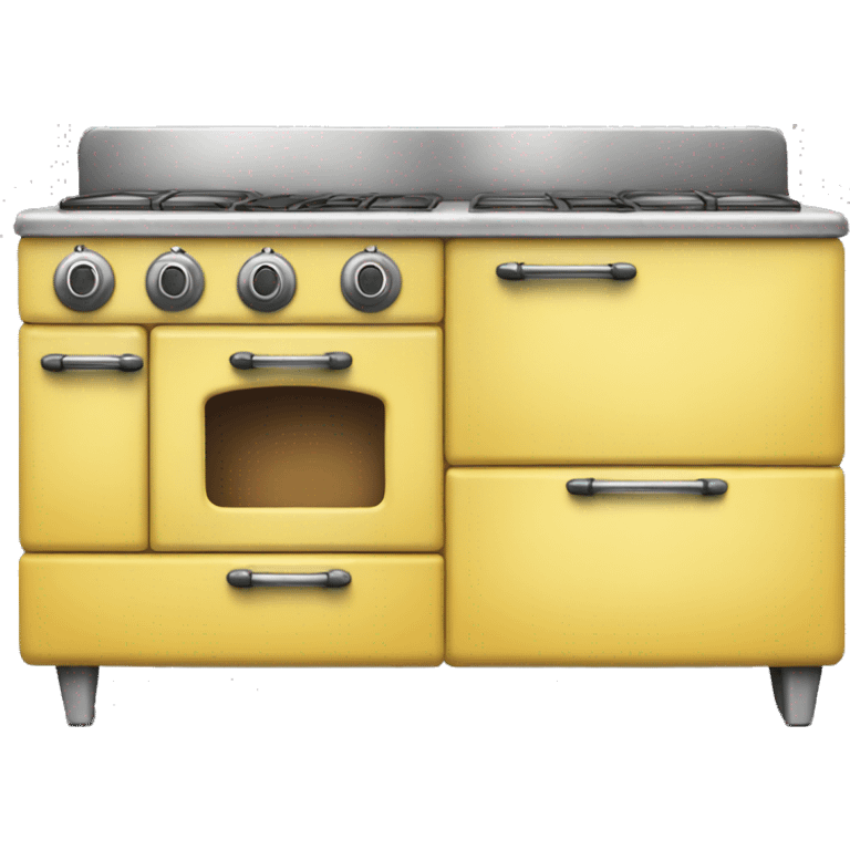 Isolated full length Realistic yellow vintage retro kitchen range with cabinets and counters. emoji