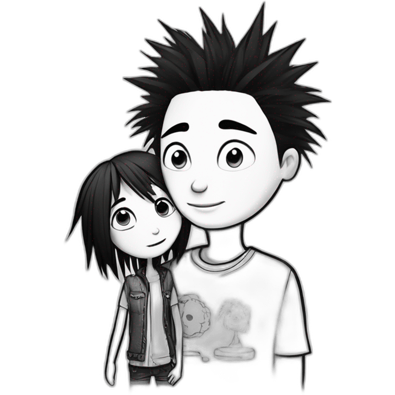 a dog and a girl with black spiky hair looking at each other in style of ((sarah andersen)), black and white,sarah andersen,cartoon,drawn,sketch emoji