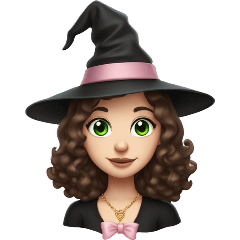 Witchy brunette haired green eyed lightly freckled white girl with a witty smile a gold necklace and a black witch hat with a baby pink bow emoji