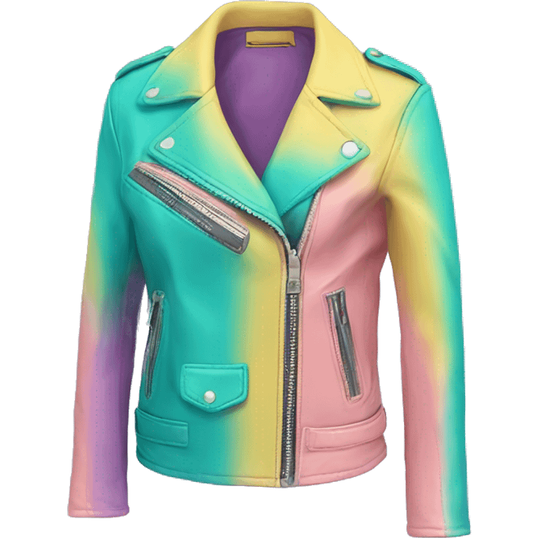 Realistic isolated side view of an open teal,pastel pink,pastel purple,and yellow ombre feminine fashion leather jacket.  emoji