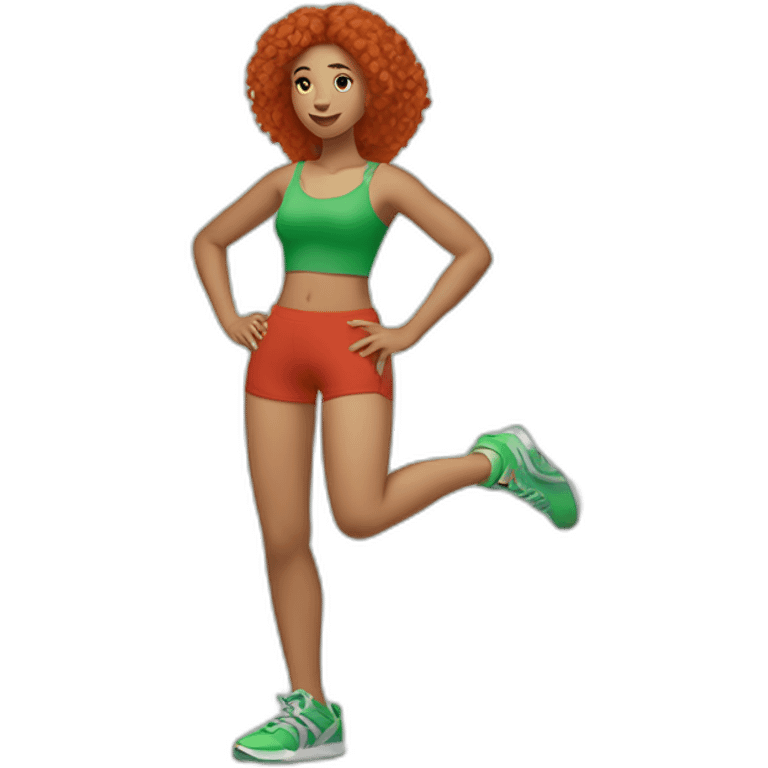 lightskin red haired girl stretching to touch her toes out with hand on her green shorts  emoji