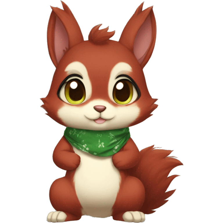 Cute, Chibi, chubby, fluffy, Kemono-style, Anthro, Fur-Sona, Dark-Red, Squirrel-Rabbit-hybrid-Fakémon, with a green bandana, full body emoji