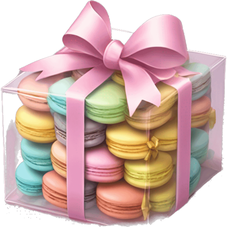 Realistic flat transparent box of pastel macaron cookies with ribbon bow tied around the box. emoji