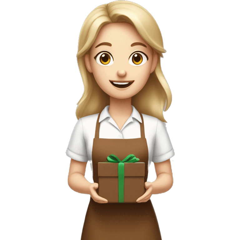 white girl in brown apron with gift box emoji