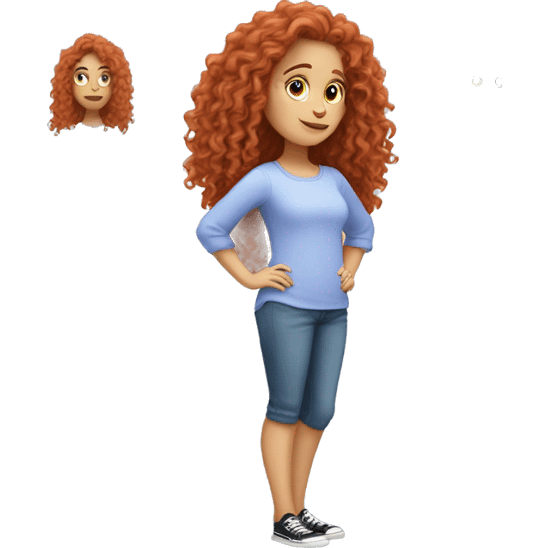 white girl with long red curly hair, wearing a pastel periwinkle shirt doing a pose emoji