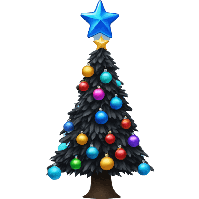 Black christmas tree with blue ornaments and a colorful star emoji