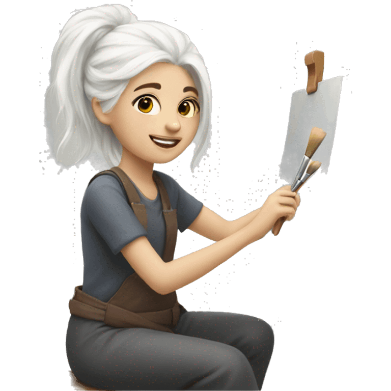 A girl with white hair is painting with a brush on a  emoji