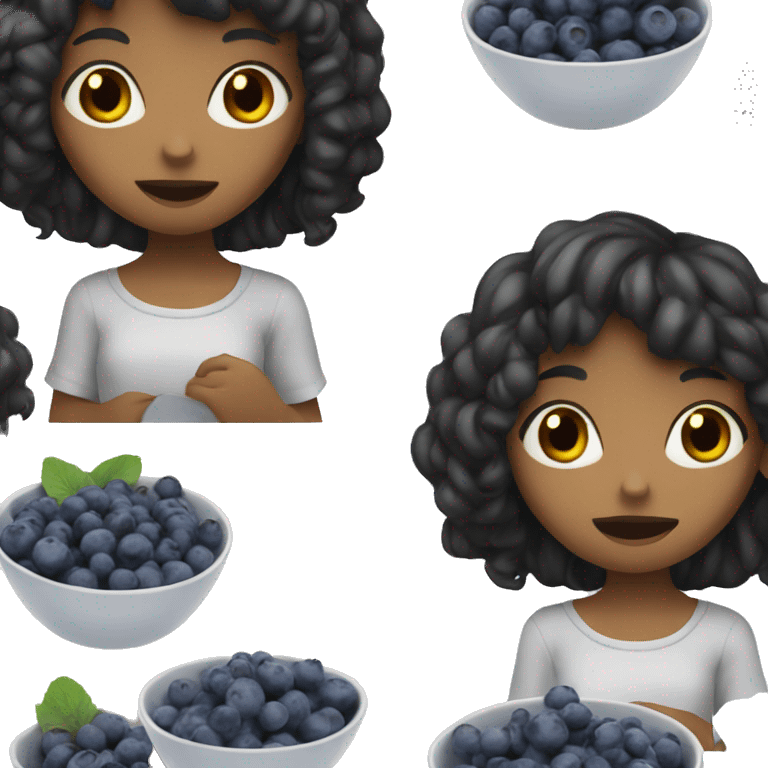 brown girl with black hair with bangs eating blueberries in bowl emoji