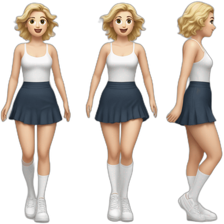 hyperrealistic-full-body-caucasian-curvy-beauty-jumping-small white-skirt-back-and-front-views-strong-wind-knickers white socks emoji