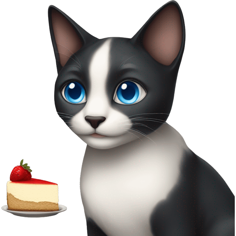 a beautiful dark cat with blue eyes holding a cheesecake emoji