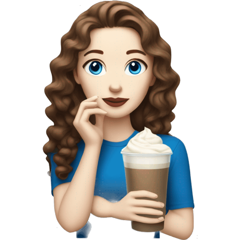 Pale skin women with brown wavy hair and blue eyes drinking ice latte  emoji