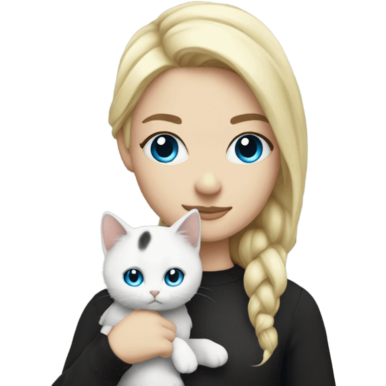 white with blonde hair and blue eyes holding black and white kitty emoji