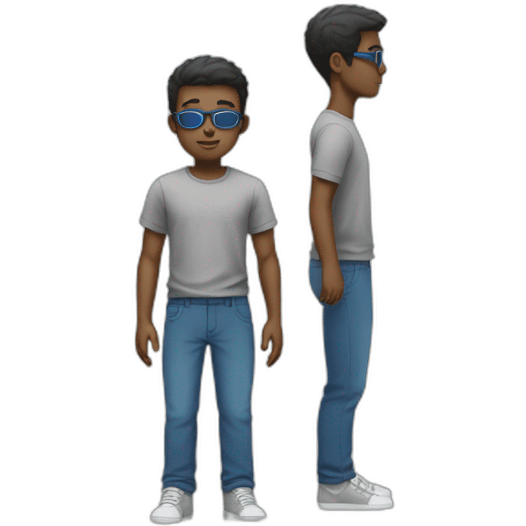 a boy with galsses and bleu trousers and a grey t-shirt and a blank skin emoji