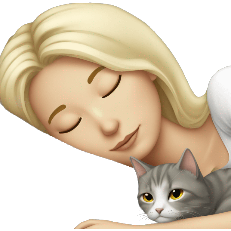 sleeping girl blonde hair laying next to grey cat emoji