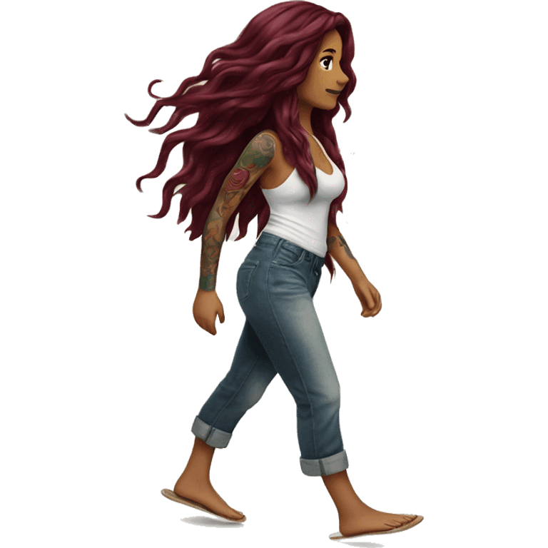 Beautiful tattooed  burgundy long haired woman walking on the beach emoji