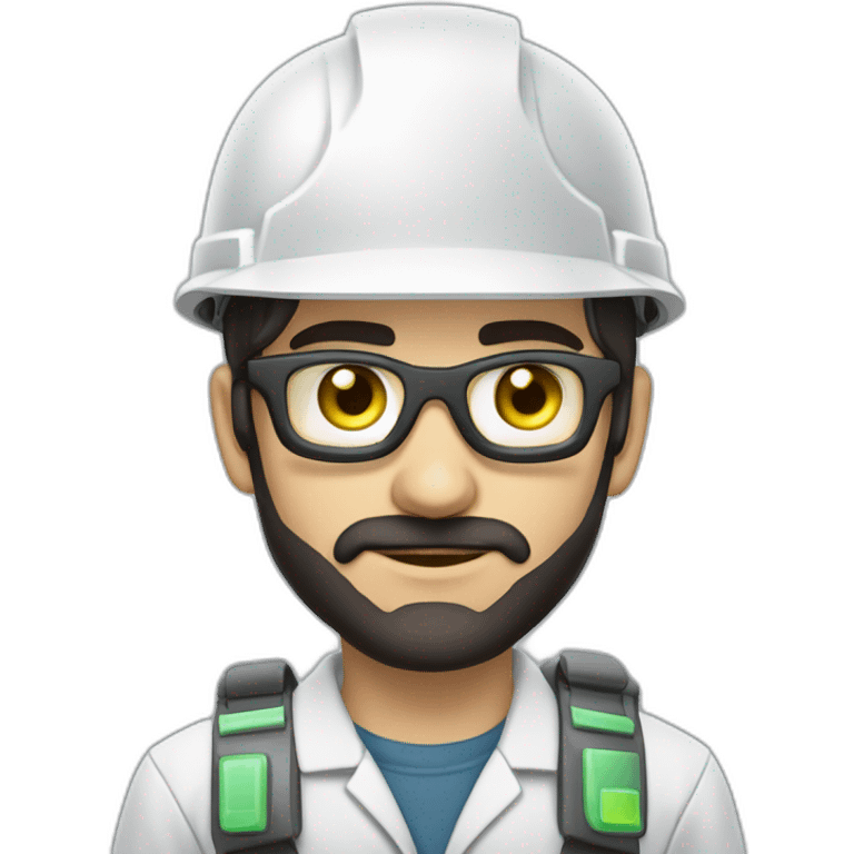 A young Turkish electrical engineer with a light black beard, a white helmet and a phosphorescent protection jacket emoji