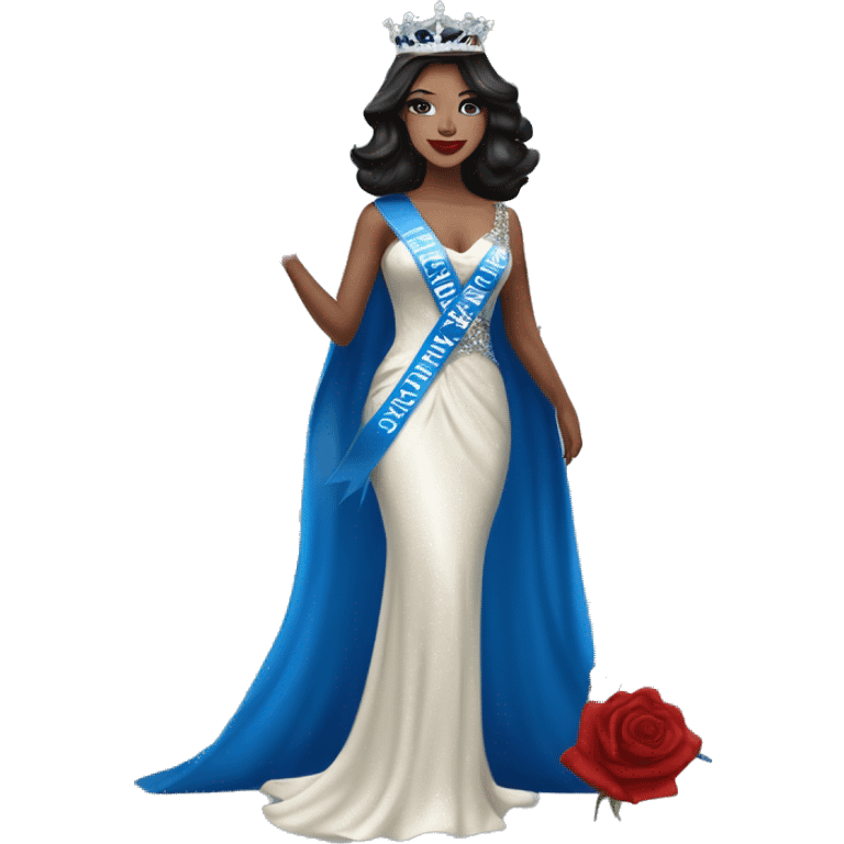 Beauty queen with white skin and dark hair, wearing Miss Massachusetts sash and wearing a crown and blue sparkly dress holding red roses emoji