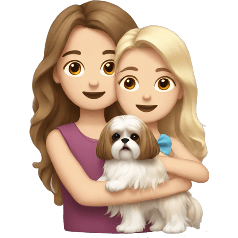 a girl with long wavy brown hair hugging a Shih Tzu with blonde fur and a cute bow emoji