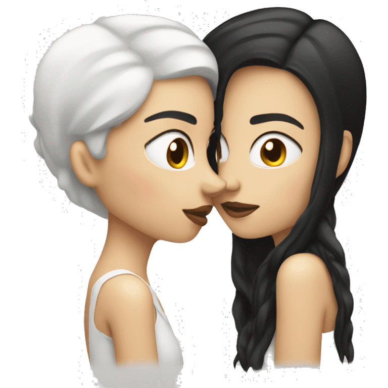 Two white skin lesbians kissing on the lips. Both have long black hair. emoji