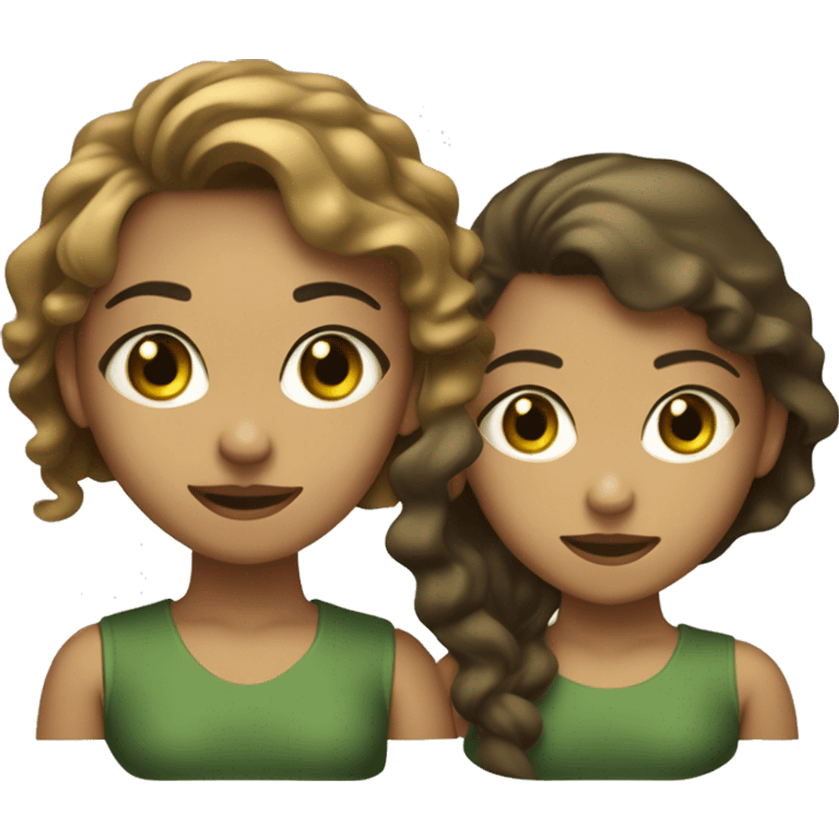 two headed girls (joint by the head) One  with light olive skin, with short golden brown hair and green eyes. The other on the right darker brown hair nearly black with wavy hair and bown hazel eyes with farier olive tanned skin to the girl on thelef emoji