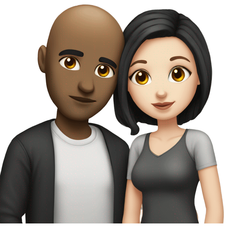 White girl dark hair kissing mixed bald man emoji