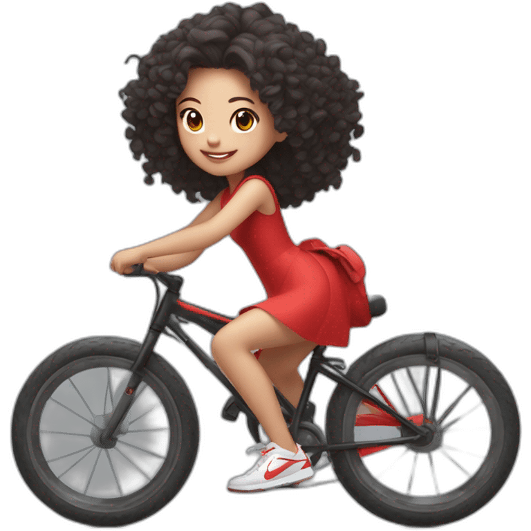 Taiwanese girl with curly hairstyle wearing red dress and nike air shoes riding black bicycle and listen music wearing earphone emoji