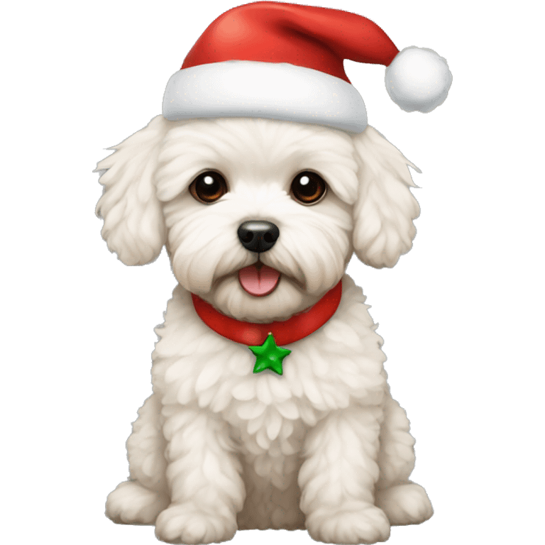 A maltipoo wearing a christmas hat emoji