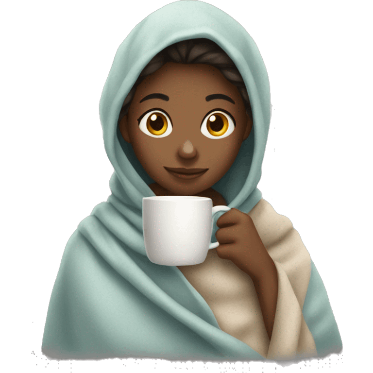 Girl in blanket sipping coffee emoji