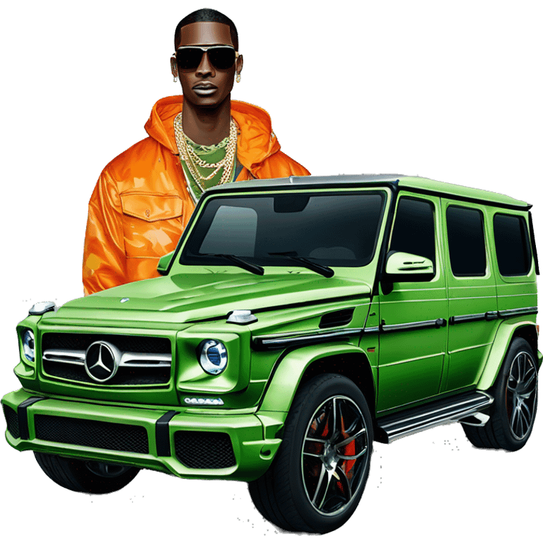 Young Dolph luxury clothes,blue diamond chain on,near his car, just opened drivers side car door to his all orange and green colored,whole car painted army camouflage, Mercedes G Wagon emoji